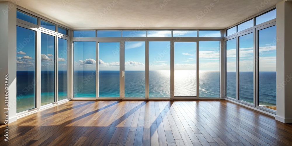 Fototapeta premium Interior with large window showing beautiful sea view, interior, large window, sea view, ocean, natural light, peaceful
