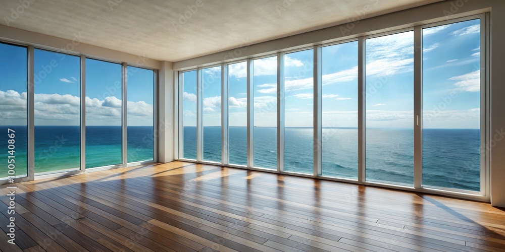 Fototapeta premium Interior with large window overlooking beautiful sea view , interior design, luxury, vacation, relaxation, modern, stylish