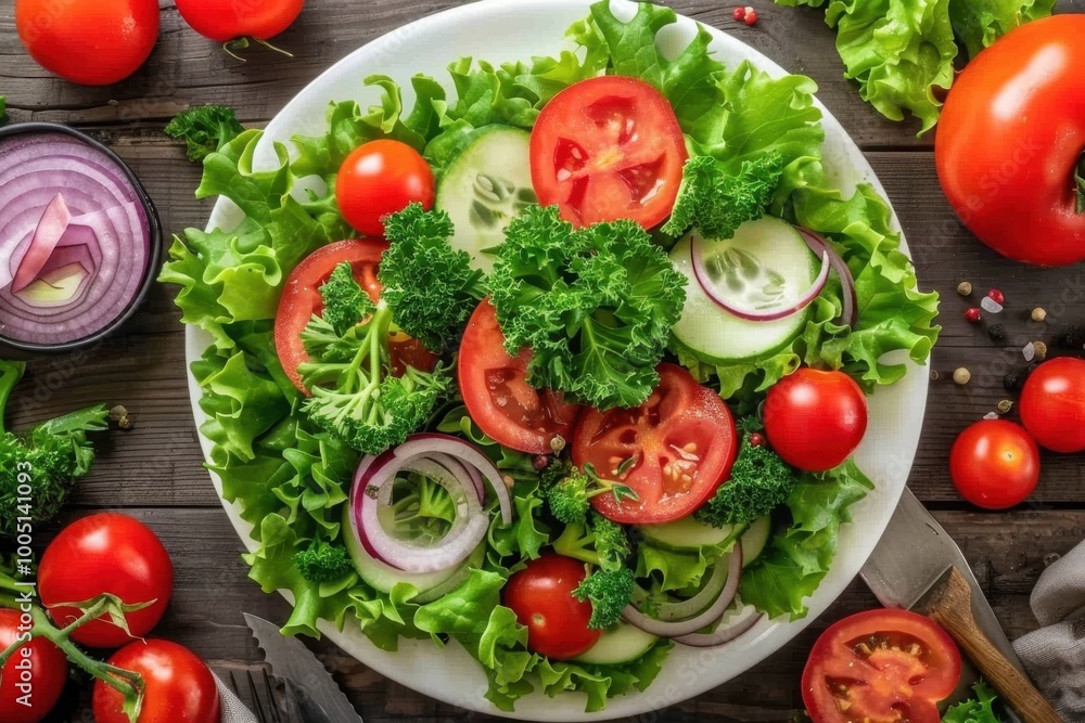 Fresh and Colorful Garden Salad on Wooden Table Fresh and Colorful Garden Salad on Wooden Table