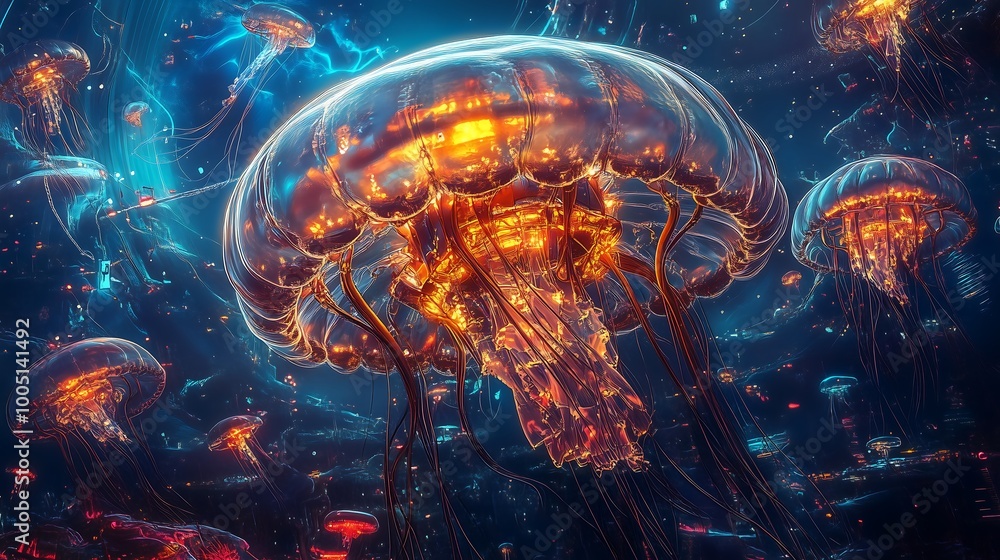 Glowing Jellyfish Floating in Mystical Underwater Scene Glowing Jellyfish Floating in Mystical Underwater Scene
