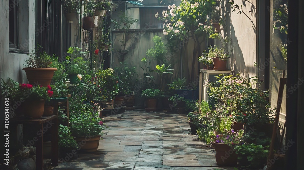 Naklejka premium Serene Garden Pathway with Lush Greenery and Flowers