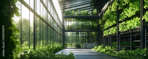 A serene indoor garden with glass walls, sunlight filtering through lush greenery creating a peaceful atmosphere.