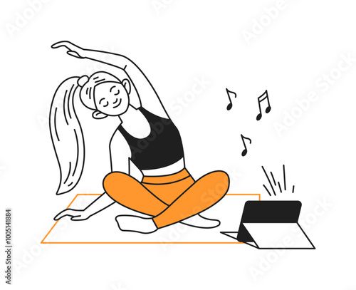 Young woman practicing online yoga on mat using tablet color line vector icon. Lady enjoys workout listening to music character illustration