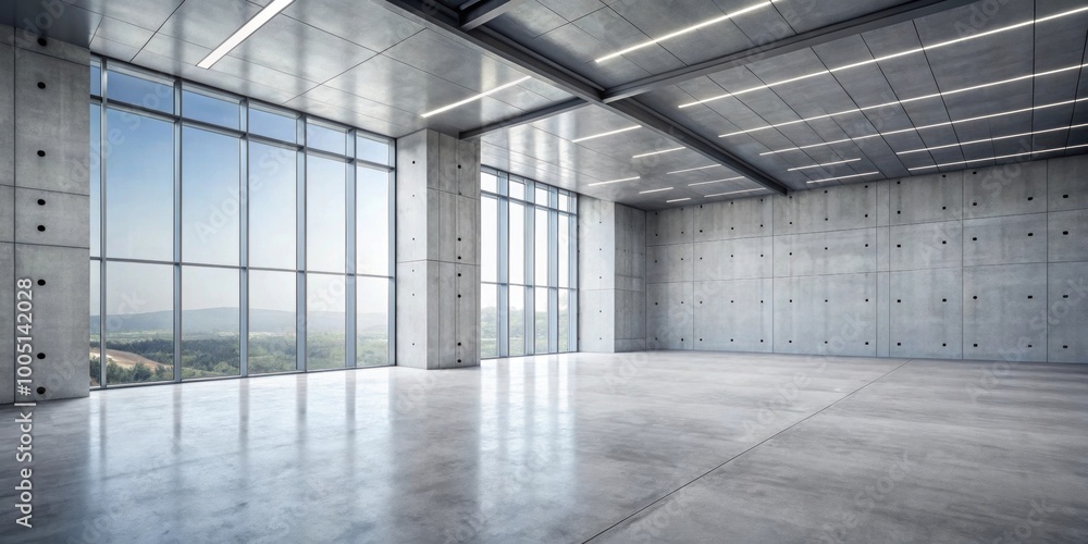 Empty modern building interior with gray wall and concrete floor against clear sky background Empty modern building interior with gray wall and concrete floor against clear sky background