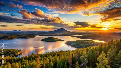 Breathtaking sunset over Hemmer?sen mountain peak with rolling hills and lake Burusj?n in Idre Dalarna Sweden