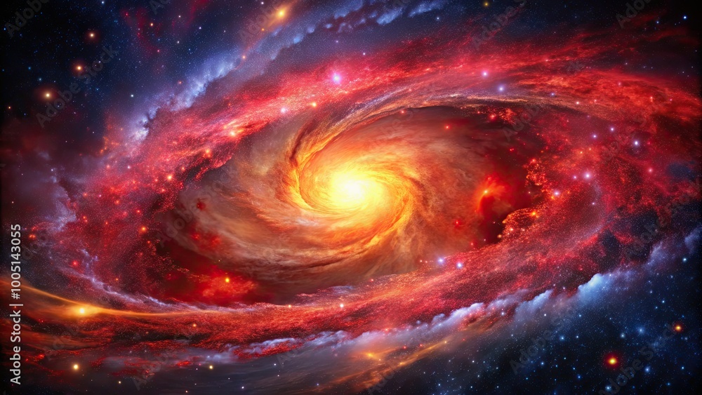 Obraz premium Vibrant crimson galaxy sprawls across a starry night sky, swirling clouds of gas and dust illuminated by radiant bursts of celestial light and energy.