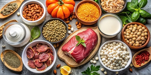 Top view of various foods high in zinc such as beef, chickpeas, pumpkin seeds, and yogurt, zinc, nutrition