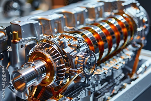 Car engine in a modern car showroom