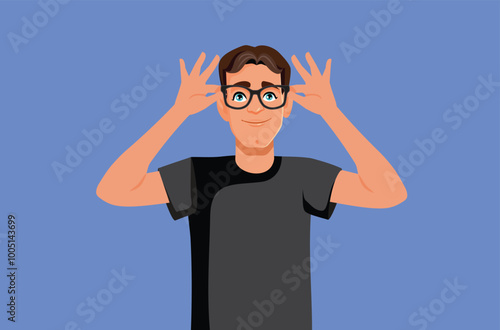 Smiling Man Holding Eyeglasses Vector Cartoon Illustration. Happy handsome guy wearing square frame black glasses 
