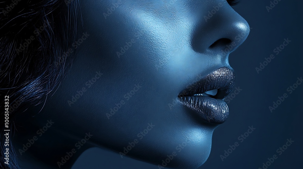 Close up of a woman's mouth and nose with blue light, suggestive of mystery and intimacy Close up of a woman's mouth and nose with blue light, suggestive of mystery and intimacy
