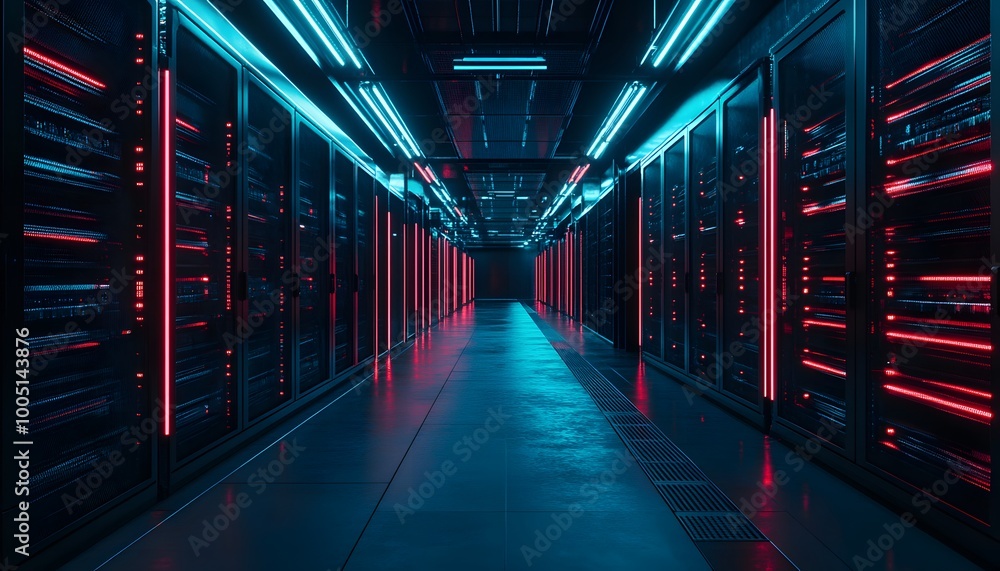Fototapeta premium Futuristic data center corridor with glowing lights and server racks, showcasing advanced technology and digital infrastructure.
