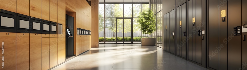 Fototapeta premium Modern interior hallway with lockers, wooden walls, large windows, and greenery creating a serene and organized atmosphere.