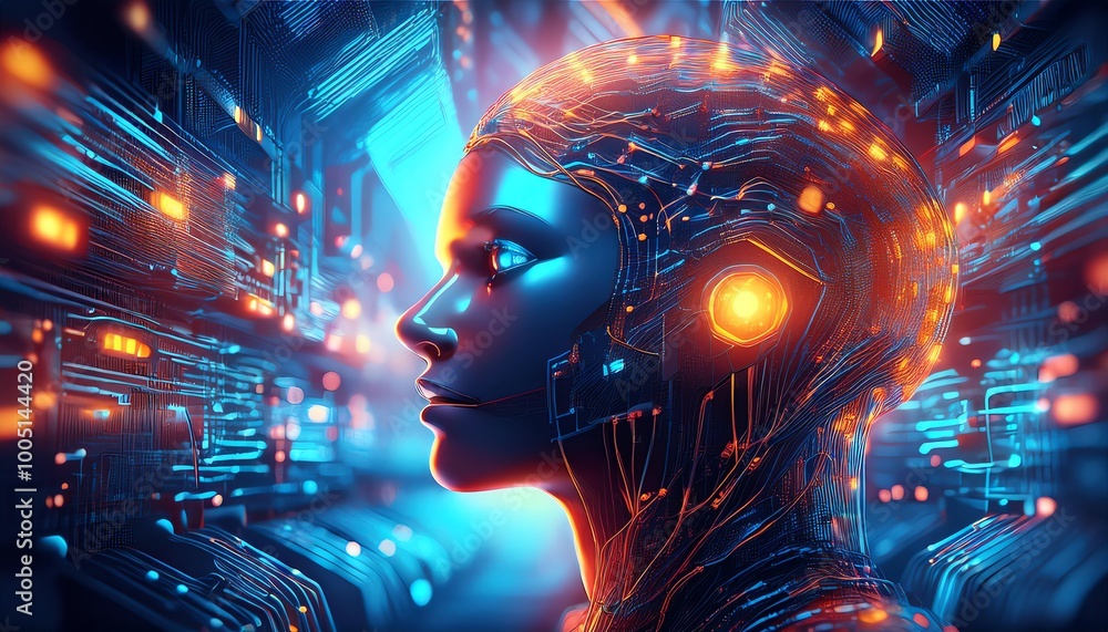 A futuristic depiction of a robotic head with glowing circuitry, set against a backdrop of digital patterns and vibrant blue and orange lights. A futuristic depiction of a robotic head with glowing circuitry, set against a backdrop of digital patterns and vibrant blue and orange lights.