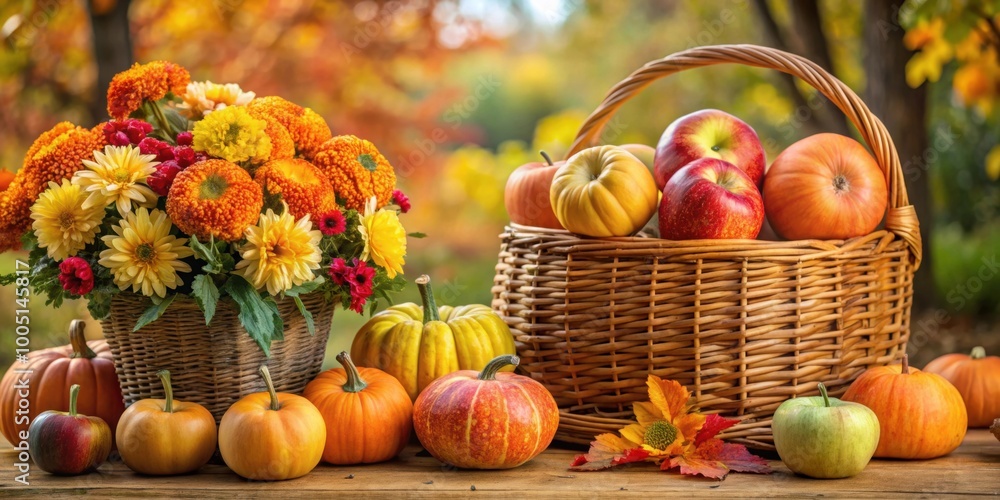 Autumn harvest display with pumpkins, apples Autumn harvest display with pumpkins, apples
