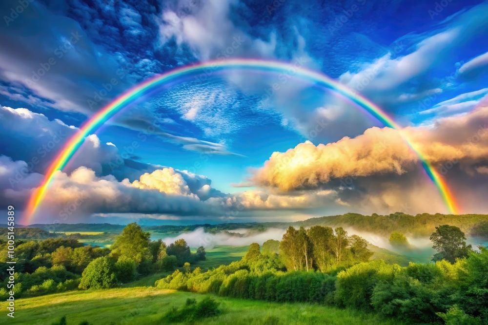 Vibrant double rainbow stretches across a serene blue sky with fluffy white clouds, surrounded by lush greenery and misty fog, capturing nature's majestic beauty. Vibrant double rainbow stretches across a serene blue sky with fluffy white clouds, surrounded by lush greenery and misty fog, capturing nature's majestic beauty.