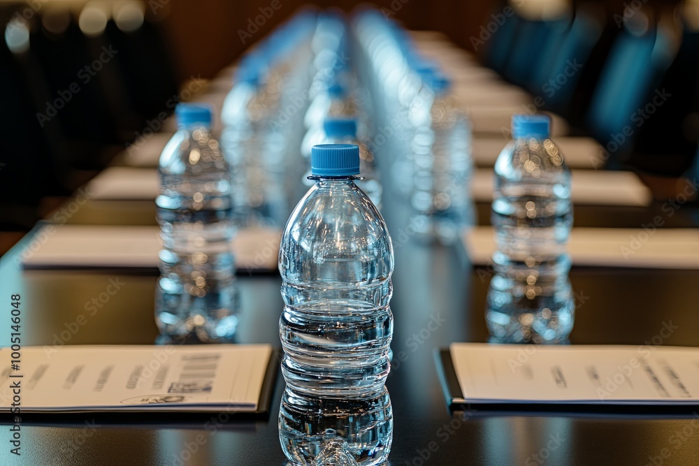 Bottled water lined up on a conference table with neatly arranged notepads in a business meeting setting. Generative AI Bottled water lined up on a conference table with neatly arranged notepads in a business meeting setting. Generative AI