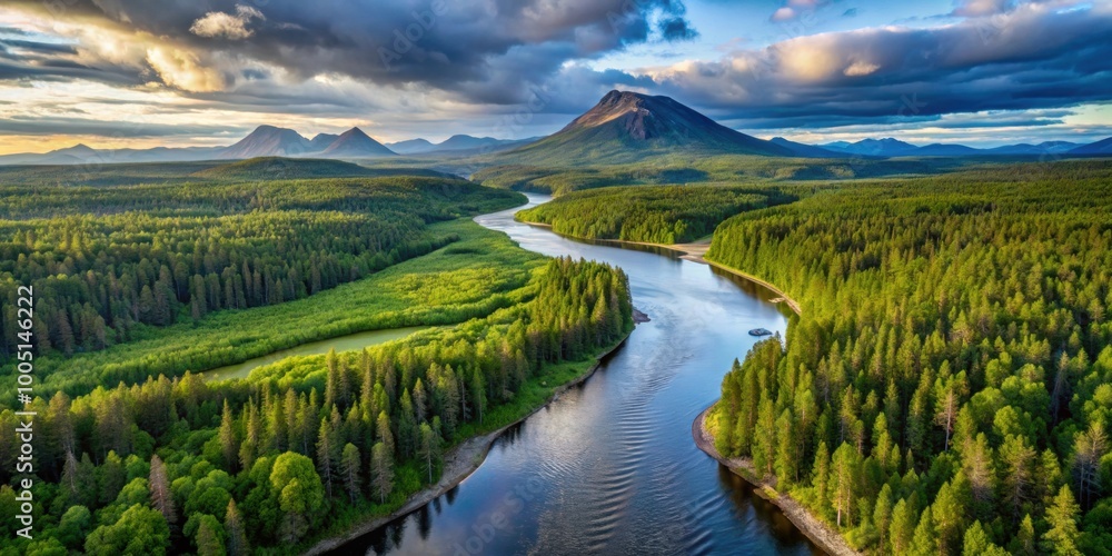 Breathtaking aerial view of a river winding through a lush boreal forest with S?len mountain in the background Breathtaking aerial view of a river winding through a lush boreal forest with S?len mountain in the background
