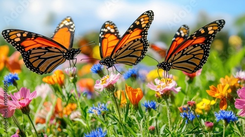 Butterflies flying above flowers photo