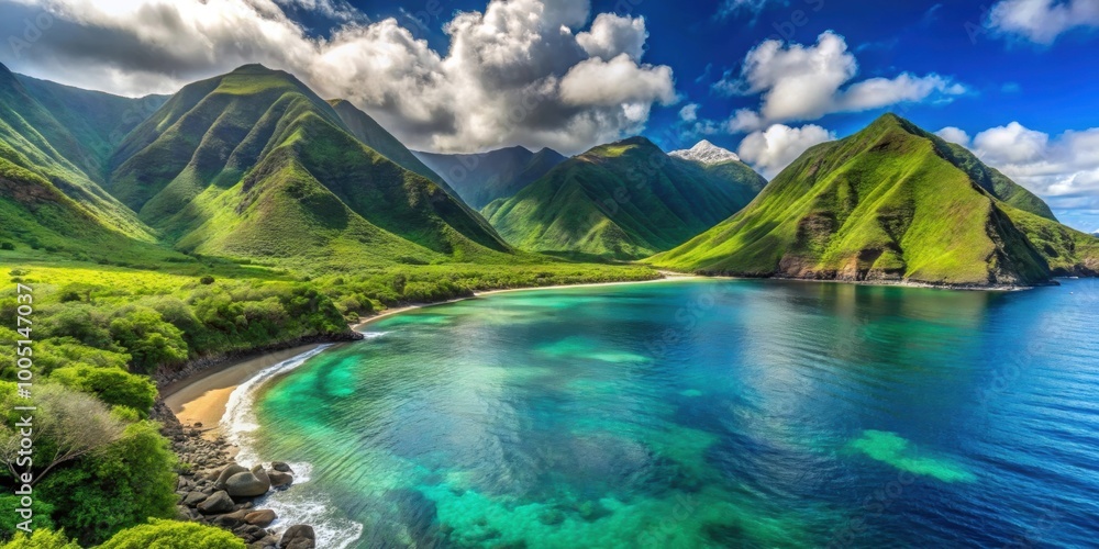 Beautiful bay with turquoise waters and lush green mountains in Molokai, Hawaii, Molokai, Hawaii, bay Beautiful bay with turquoise waters and lush green mountains in Molokai, Hawaii, Molokai, Hawaii, bay