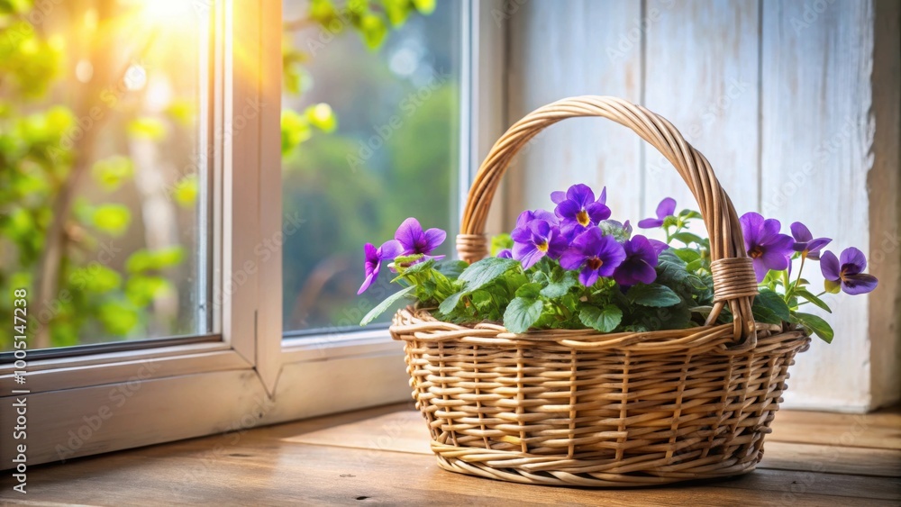 Wicker basket with fresh violets on a windowsill , flowers, violet, wicker, basket, window, home decor Wicker basket with fresh violets on a windowsill , flowers, violet, wicker, basket, window, home decor