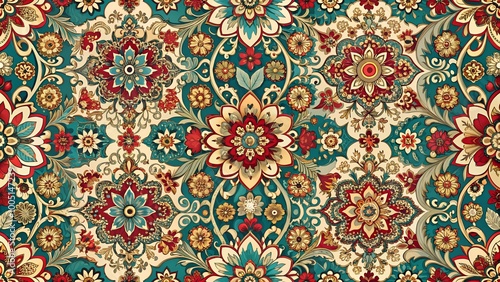 Intricate floral pattern design with vibrant colors for textiles and decorative arts