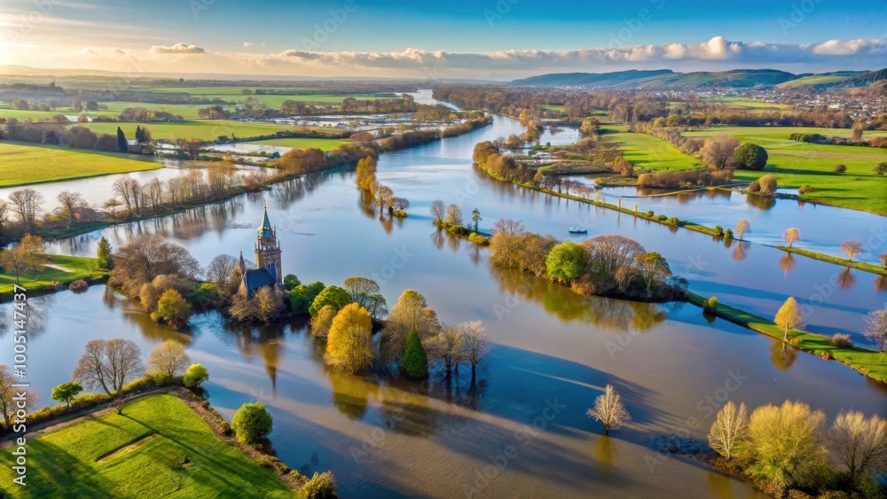 Aerial view of flooded fields and river Avon near Salisbury Cathedral in Wiltshire, UK, flooded, fields, river Aerial view of flooded fields and river Avon near Salisbury Cathedral in Wiltshire, UK, flooded, fields, river