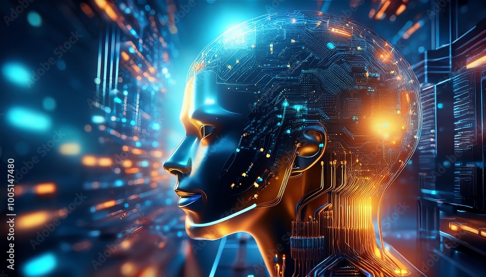 A futuristic digital representation of a humanoid head, illuminated by vibrant colors and intricate circuitry, symbolizing the intersection of technology and humanity. A futuristic digital representation of a humanoid head, illuminated by vibrant colors and intricate circuitry, symbolizing the intersection of technology and humanity.