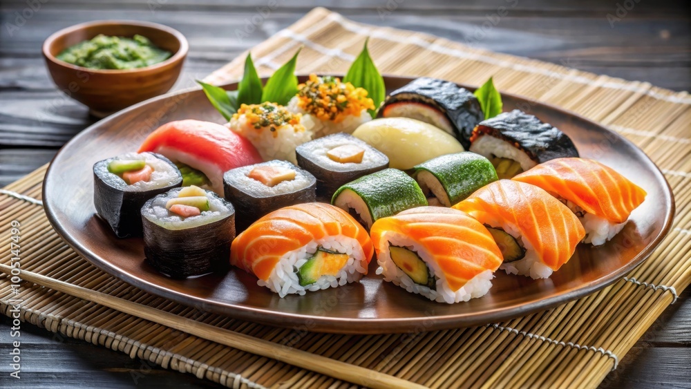 Assorted fresh sushi selection on traditional plate, sushi, fresh, assortment, Japanese, cuisine, raw, seafood, rice Assorted fresh sushi selection on traditional plate, sushi, fresh, assortment, Japanese, cuisine, raw, seafood, rice