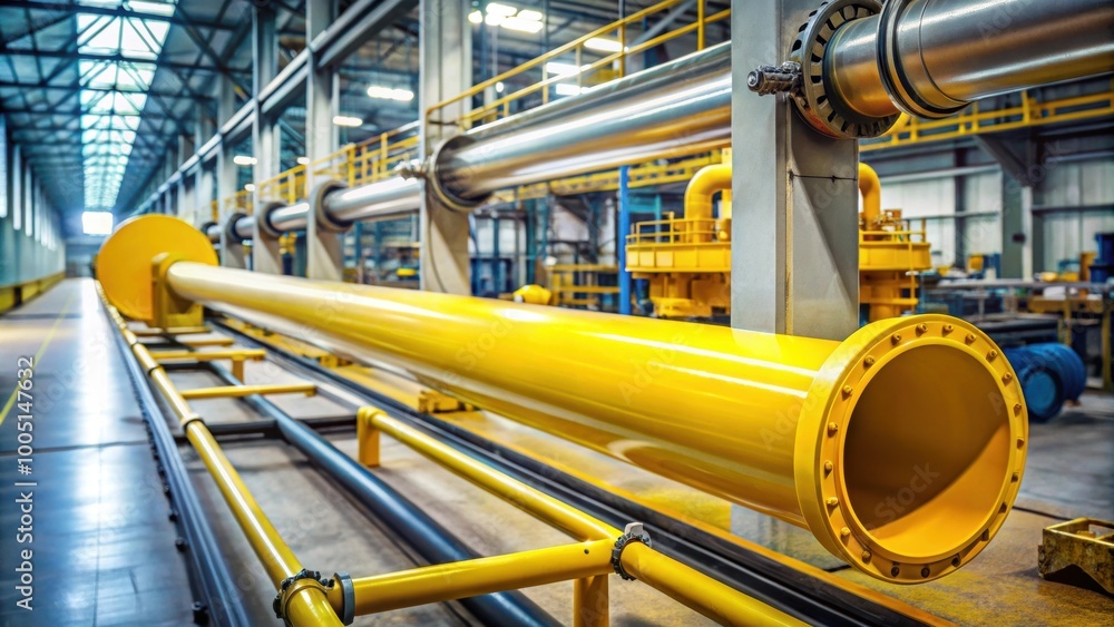 Yellow industrial pipe with a stripe surrounded by machinery, factory, industrial, pipe, yellow, stripe Yellow industrial pipe with a stripe surrounded by machinery, factory, industrial, pipe, yellow, stripe