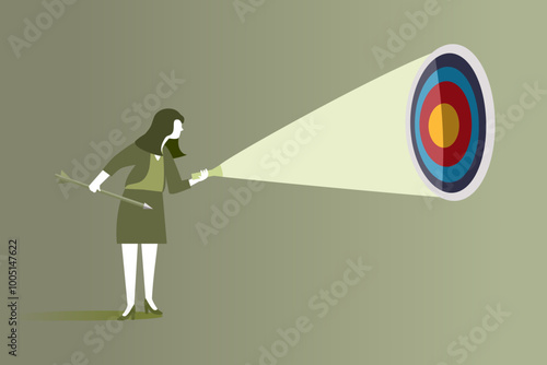 Businesswoman Focusing on Target with Flashlight for Goal Setting and Vision Concept Illustration