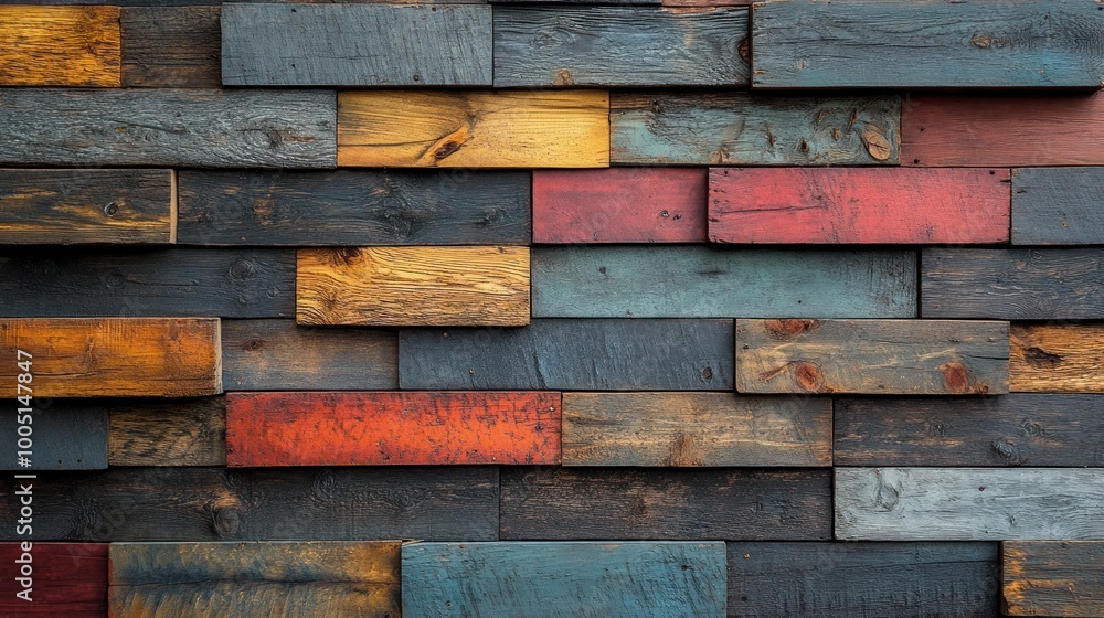 A textured wall made of colorful wooden planks arranged creatively. A textured wall made of colorful wooden planks arranged creatively.