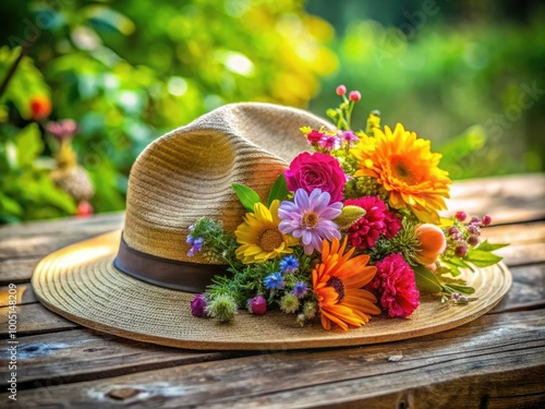 Vibrant fedora hat adorned with colorful flowers and lush greenery perches atop a rustic wooden table, evoking a sense of whimsical summer elegance and carefree charm.