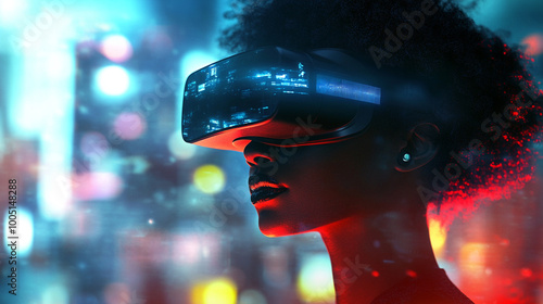 Virtual reality. Young woman wearing VR goggles photo