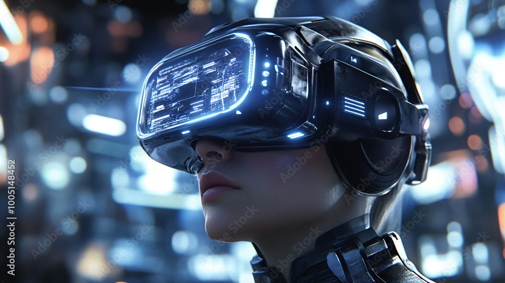 Virtual reality. Young woman wearing VR goggles Virtual reality. Young woman wearing VR goggles