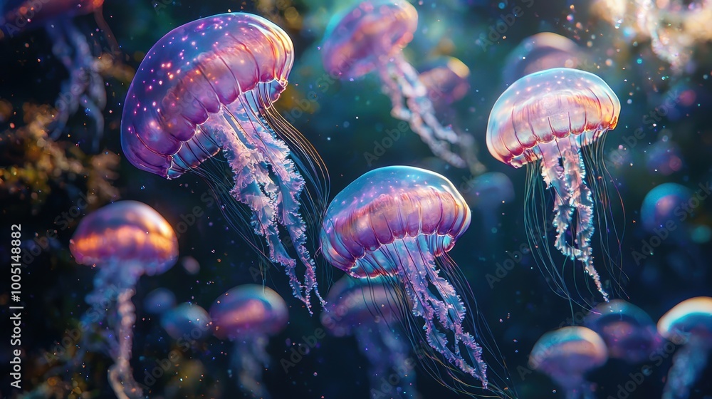 Ethereal Landscape with Iridescent Jellyfish Ethereal Landscape with Iridescent Jellyfish