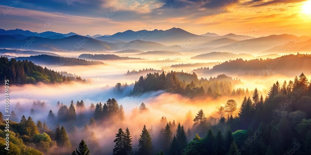 Fototapeta premium Misty forest with mountains at sunrise, serene nature scene, misty, forest, landscape, sunrise, mountain, serene, tranquil, nature