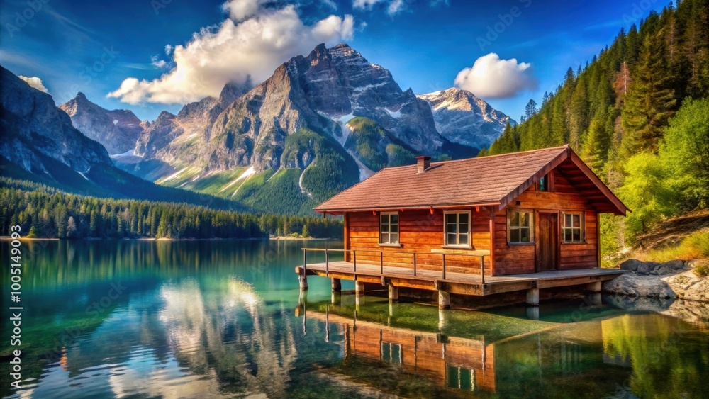 Fototapeta premium A beautiful wooden lakeside cabin with red roof against backdrop of mountains and blue sky, cabin, wooden house, red roof