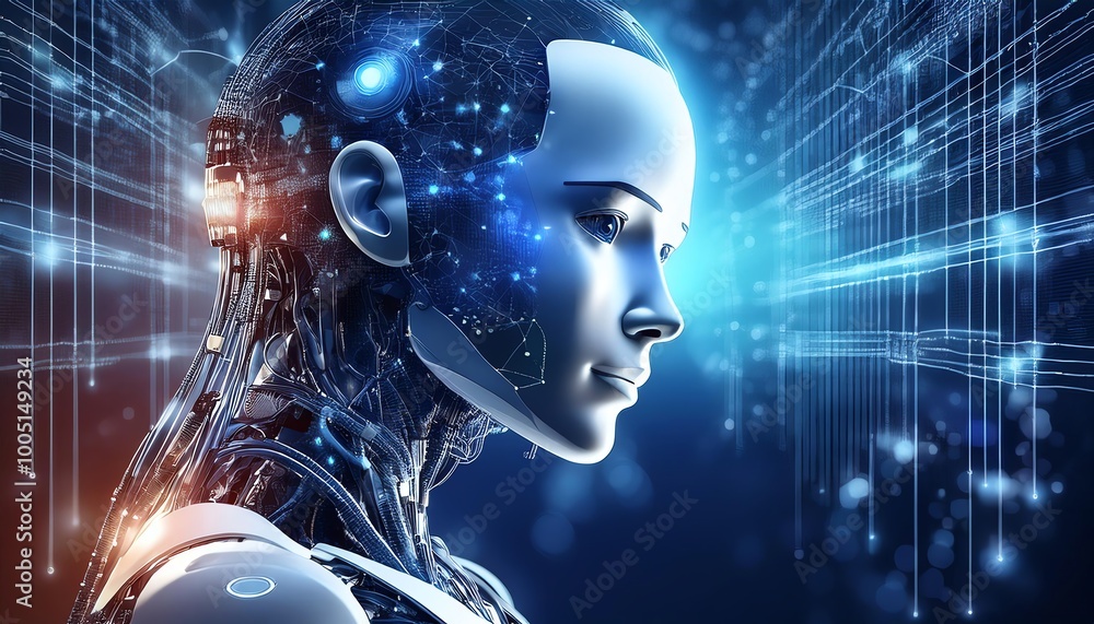 A futuristic robot head is depicted, surrounded by glowing data streams and a vibrant digital backdrop. A futuristic robot head is depicted, surrounded by glowing data streams and a vibrant digital backdrop.