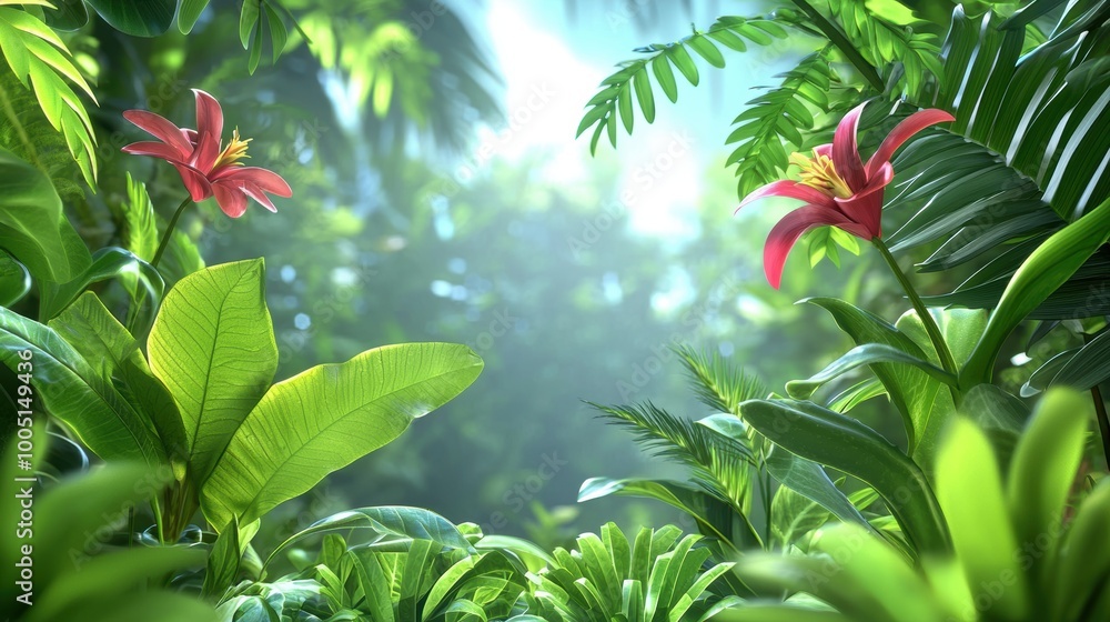 Fototapeta premium Lush Rainforest Scene with Vibrant Flowers