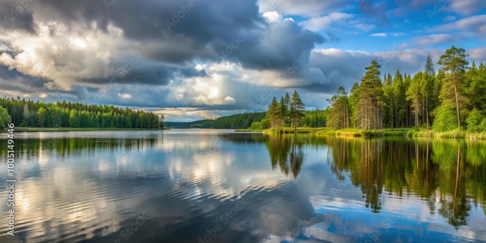 Tranquil lake in Karelia with cloudy sky and fir tree forest, quiet, smooth, beautiful Tranquil lake in Karelia with cloudy sky and fir tree forest, quiet, smooth, beautiful