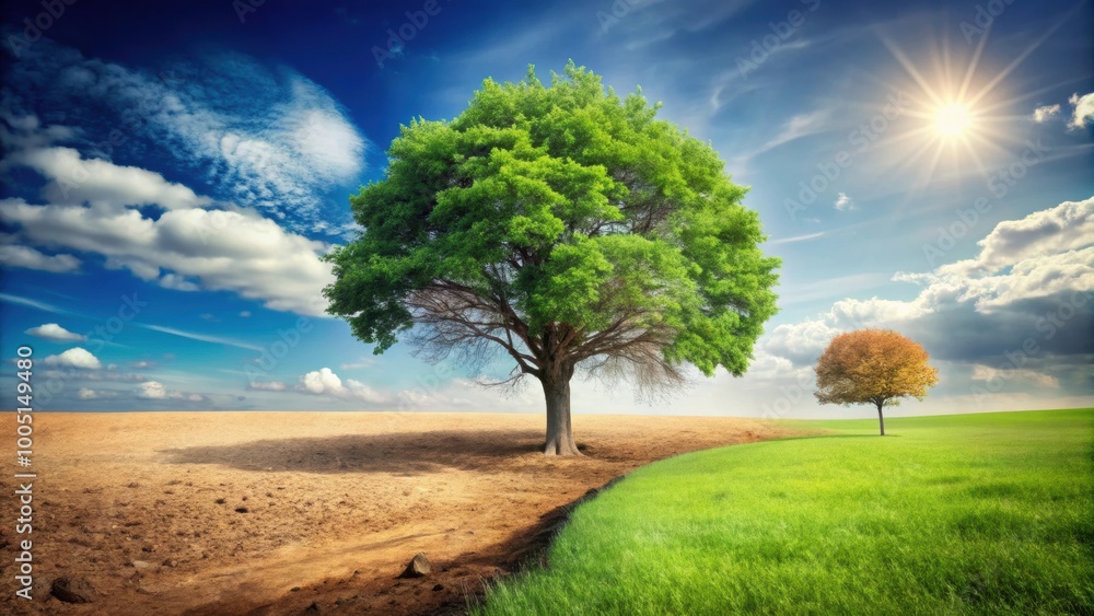 Fototapeta premium Bisected tree, one side thriving in fertile environment while the other side dying in arid environment, Bisected, tree