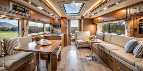 Modern motorhome interior with wooden finishes, large windows, kitchen, dining table, and lounge area