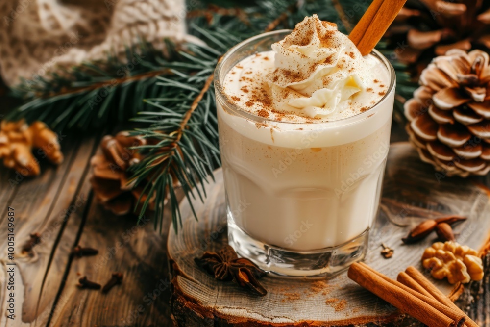 selective focus of eggnog cocktail with whipped cream in a glass near cinnamon sticks, spruce branch and walnuts on wooden table selective focus of eggnog cocktail with whipped cream in a glass near cinnamon sticks, spruce branch and walnuts on wooden table