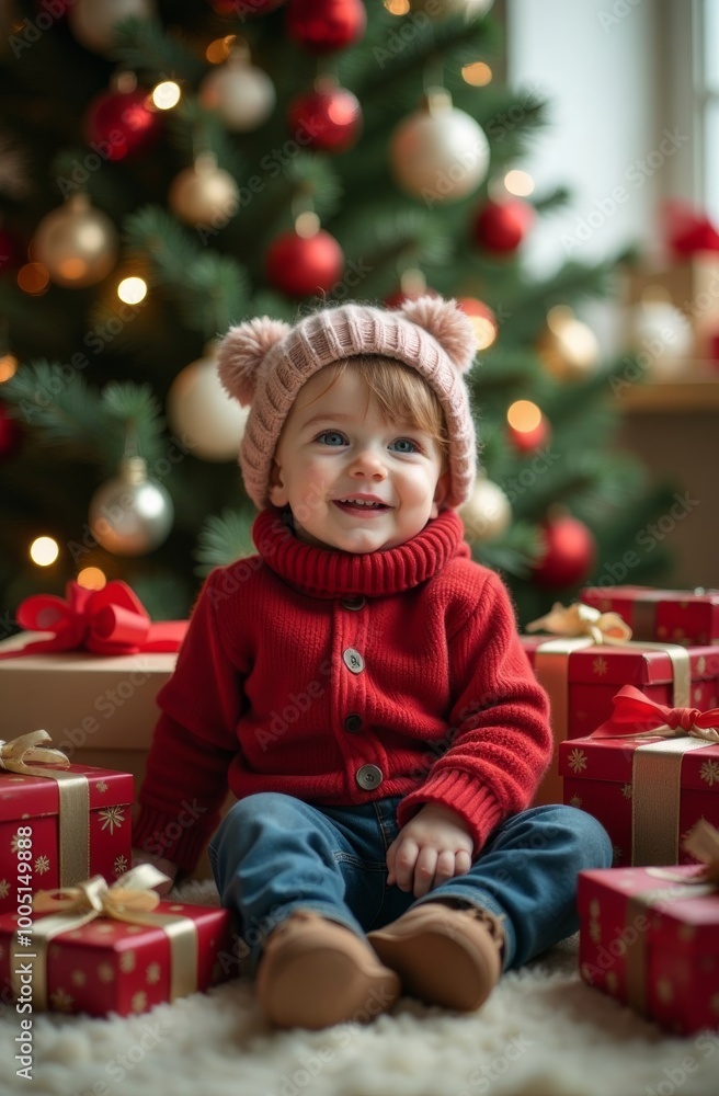 A joyful child in a pink hat smiles among Christmas gifts by a decorated tree during the holiday season