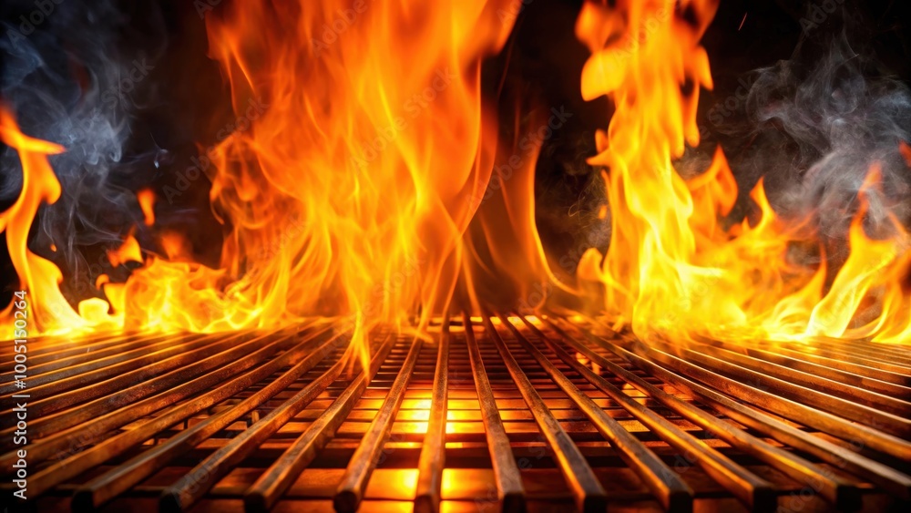 Flames dancing on an igniting grill, creating a fiery spectacle , BBQ, grilling, flames, heat, cooking Flames dancing on an igniting grill, creating a fiery spectacle , BBQ, grilling, flames, heat, cooking