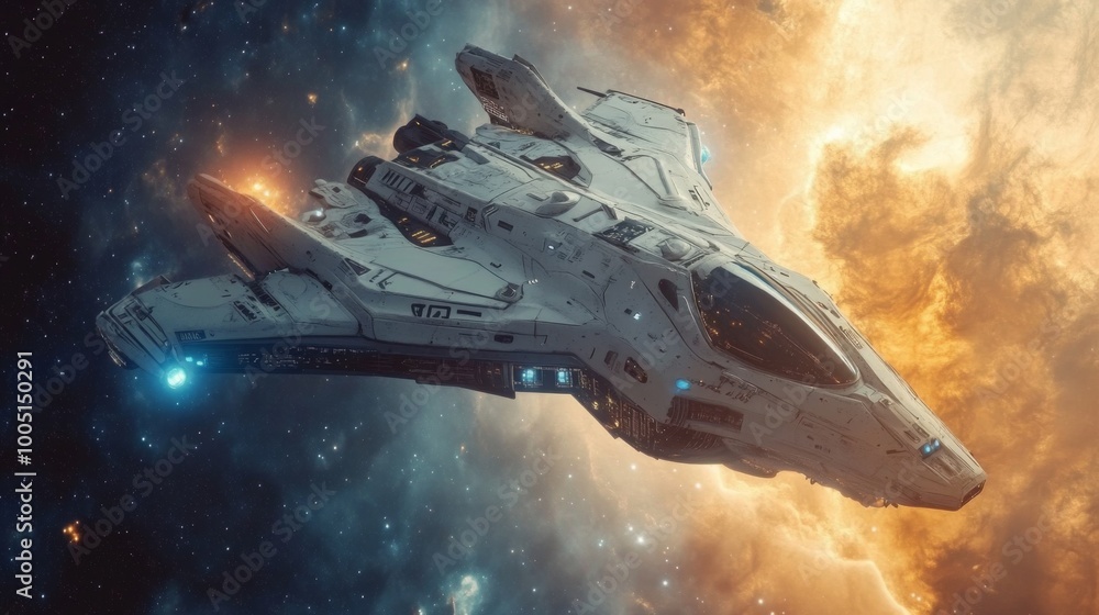 Obraz premium A futuristic spaceship flies through a colorful nebula in space.