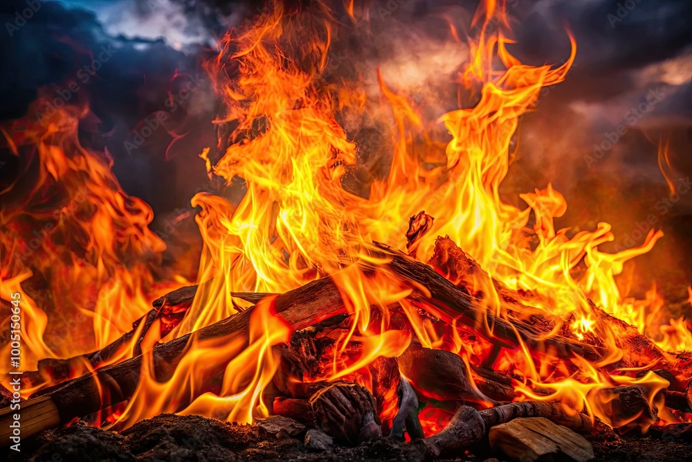 Vibrant flames engulf a dark, misty background, casting an eerie glow on the surrounding atmosphere, evoking a sense of intense heat and fiery passion. Vibrant flames engulf a dark, misty background, casting an eerie glow on the surrounding atmosphere, evoking a sense of intense heat and fiery passion.