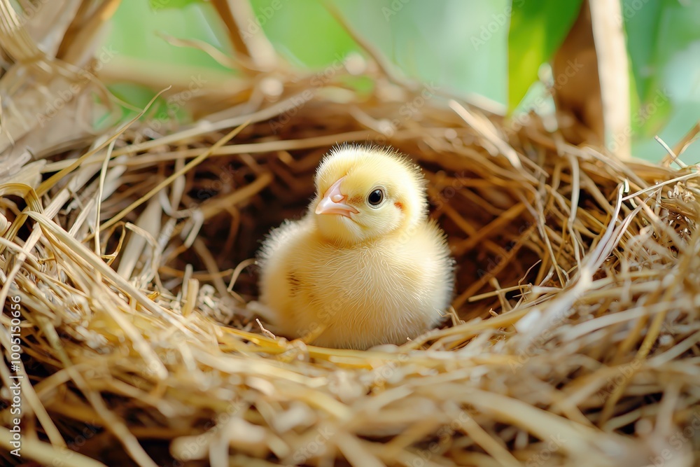 A fluffy chick in a nest A fluffy chick in a nest