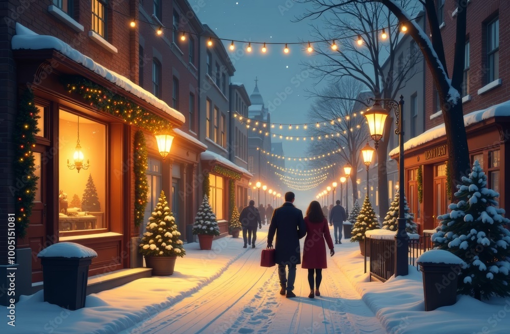 Couples stroll hand in hand through a snowy street decorated with warm lights during a festive evening in winter Couples stroll hand in hand through a snowy street decorated with warm lights during a festive evening in winter