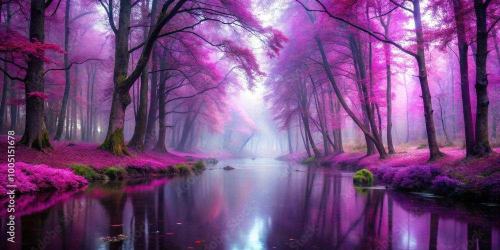 Landscape view of mystical forest with river, tall purple leaves trees, foggy ambiance, mystical, landscape, forest, river Landscape view of mystical forest with river, tall purple leaves trees, foggy ambiance, mystical, landscape, forest, river